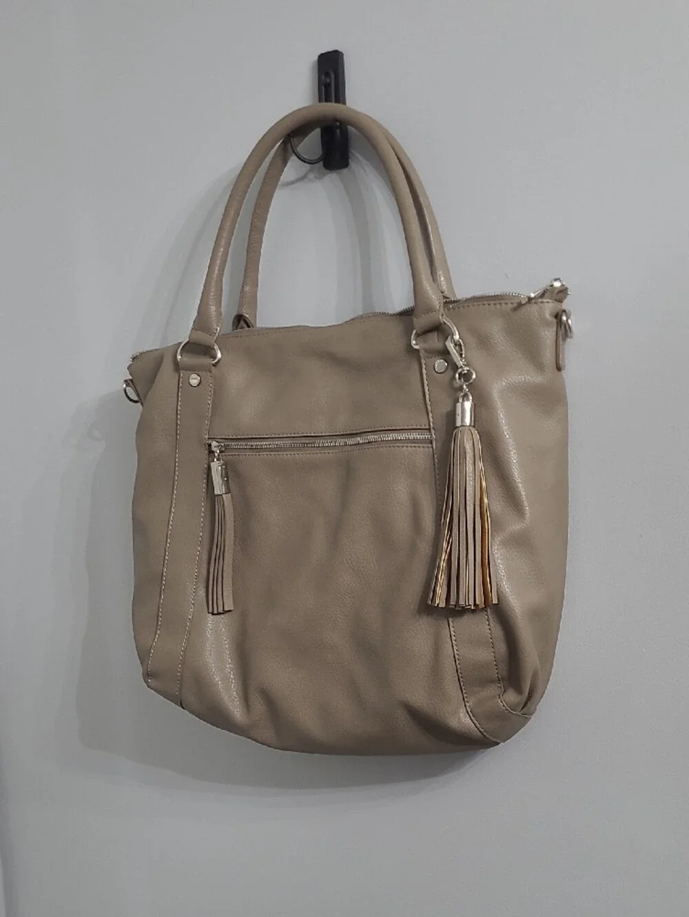 Steve Madden Taupe Leather Tote with Tassel Charm